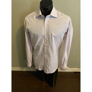 TM LEWIN White/Blue Windowpane Dress Shirt SLIM FIT French Cuff Men's 15.5x34.5